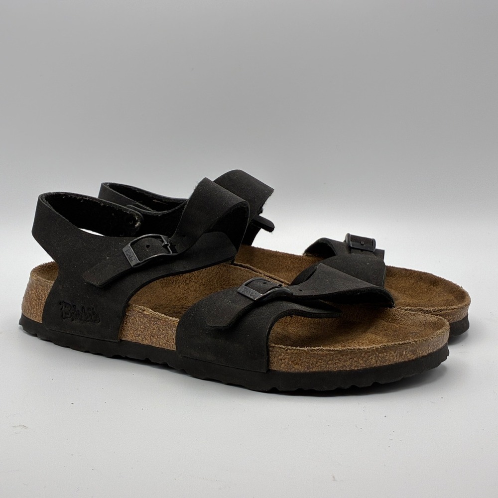 Birki's Birkenstock Milano Sandals Women 6 Black Suede Triple Strap Cork Footbed